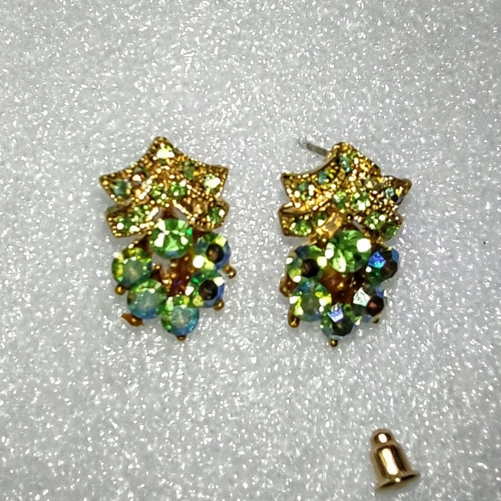 Vintage Peridot Green & AB Blue Rhinestone Pierced Post Earrings